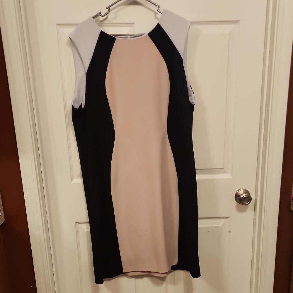 Shelby & Palmer Tan Sheath Midi Dress Sleeveless Crew Neck